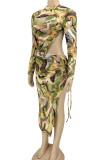 Multicolor Sexy Print Patchwork Frenulum Backless Fold Asymmetrical O Neck Irregular Dress Dresses