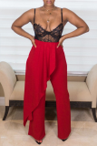 Red Casual Solid Flounce Loose Mid Waist Speaker Solid Color Bottoms