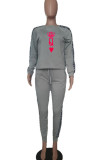 Grey Casual Print Patchwork O Neck Long Sleeve Two Pieces