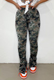 Army Green Casual Print Camouflage Print Patchwork Slit Fold Regular High Waist Pencil Full Print Bottoms