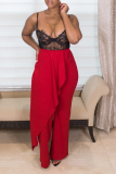 Red Casual Solid Flounce Loose Mid Waist Speaker Solid Color Bottoms