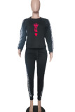 Grey Casual Print Patchwork O Neck Long Sleeve Two Pieces
