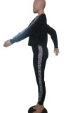 Grey Casual Print Patchwork O Neck Long Sleeve Two Pieces
