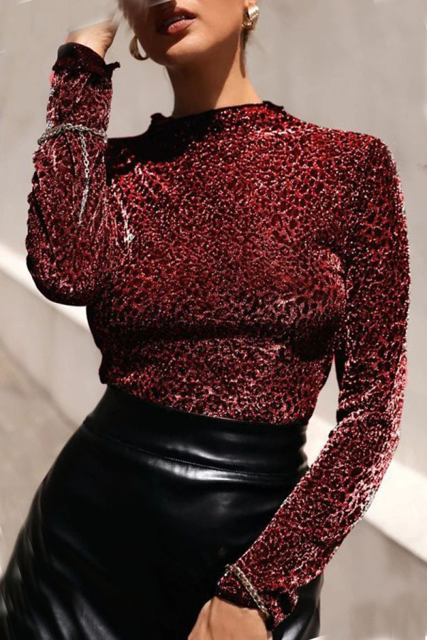Burgundy Casual Solid Patchwork O Neck Tops