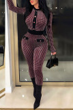 Red Casual Plaid Print Patchwork Buckle O Neck Regular Jumpsuits