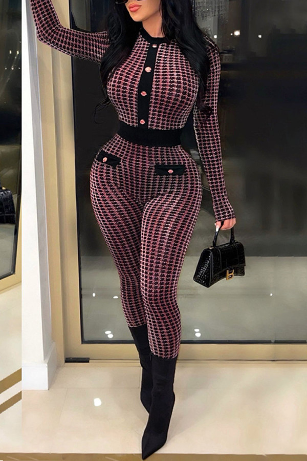 Red Casual Plaid Print Patchwork Buckle O Neck Regular Jumpsuits