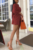 Red Fashion Casual Striped Print Basic Turndown Collar Long Sleeve Two Pieces