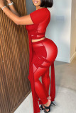 Red Sexy Solid Bandage Patchwork See-through O Neck Short Sleeve Two Pieces