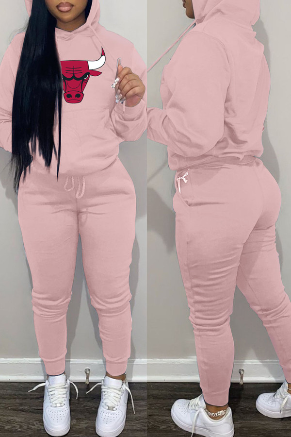 Pink Fashion Casual Print Basic Hooded Collar Long Sleeve Two Pieces