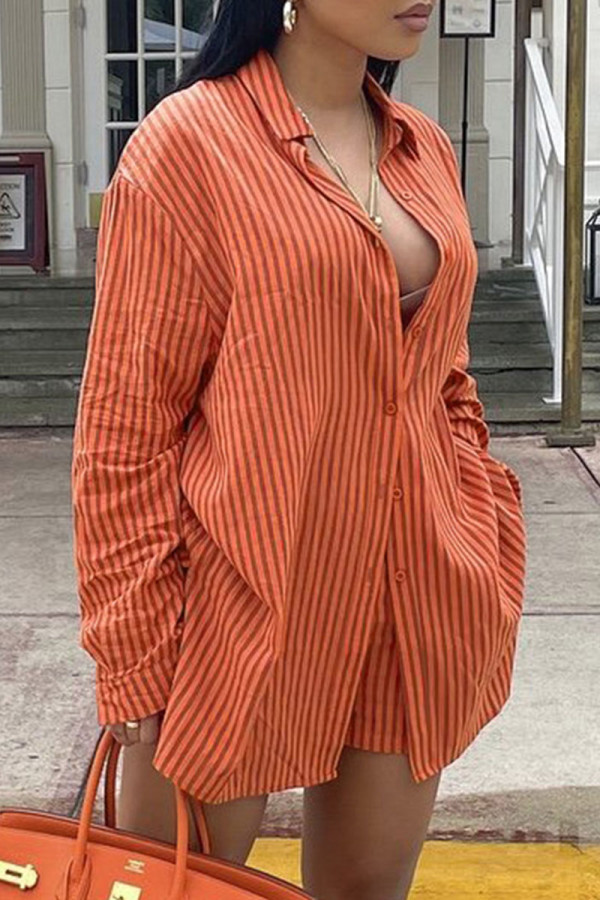 Orange Fashion Casual Striped Print Basic Turndown Collar Long Sleeve Two Pieces