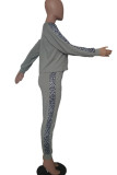 Grey Casual Print Patchwork O Neck Long Sleeve Two Pieces