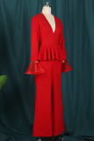Red Fashion Casual Solid Patchwork V Neck Regular Jumpsuits