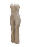 Apricot Fashion Sexy Patchwork Sequins Backless Strapless Regular Jumpsuits