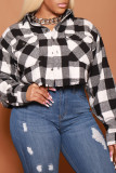 Red Casual Street Plaid Print Patchwork Buckle Turndown Collar Tops