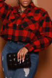 Red Casual Street Plaid Print Patchwork Buckle Turndown Collar Tops