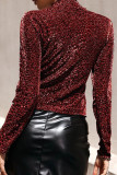Burgundy Casual Solid Patchwork O Neck Tops
