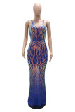 Royal Blue Fashion Sexy Patchwork Sequins Backless Spaghetti Strap Evening Dress