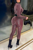 Red Casual Plaid Print Patchwork Buckle O Neck Regular Jumpsuits