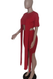 Red Casual Solid Patchwork Asymmetrical O Neck Half Sleeve Two Pieces