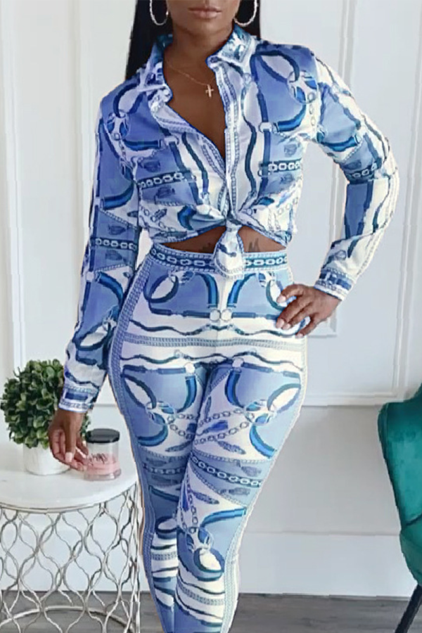 Blue Casual Print Patchwork Turndown Collar Long Sleeve Two Pieces