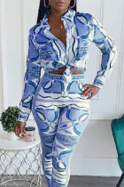 Blue Casual Print Split Joint Turndown Collar Long Sleeve Two Pieces