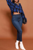 Red Casual Street Plaid Print Patchwork Buckle Turndown Collar Tops