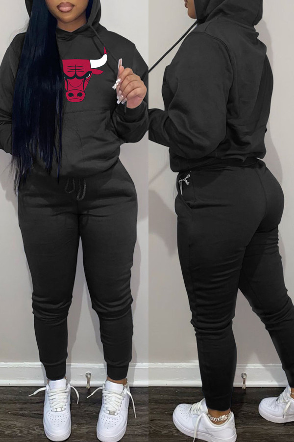 Black Fashion Casual Print Basic Hooded Collar Long Sleeve Two Pieces
