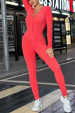 Rose Red Casual Living Solid Embroidered V Neck Skinny Jumpsuits