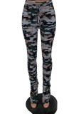 Army Green Casual Print Camouflage Print Patchwork Slit Fold Regular High Waist Pencil Full Print Bottoms