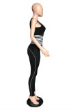 Black Casual Sportswear Striped Patchwork O Neck Skinny Jumpsuits