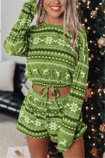 Green Fashion Casual Print Basic O Neck Long Sleeve Two Pieces