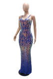 Royal Blue Fashion Sexy Patchwork Sequins Backless Spaghetti Strap Evening Dress