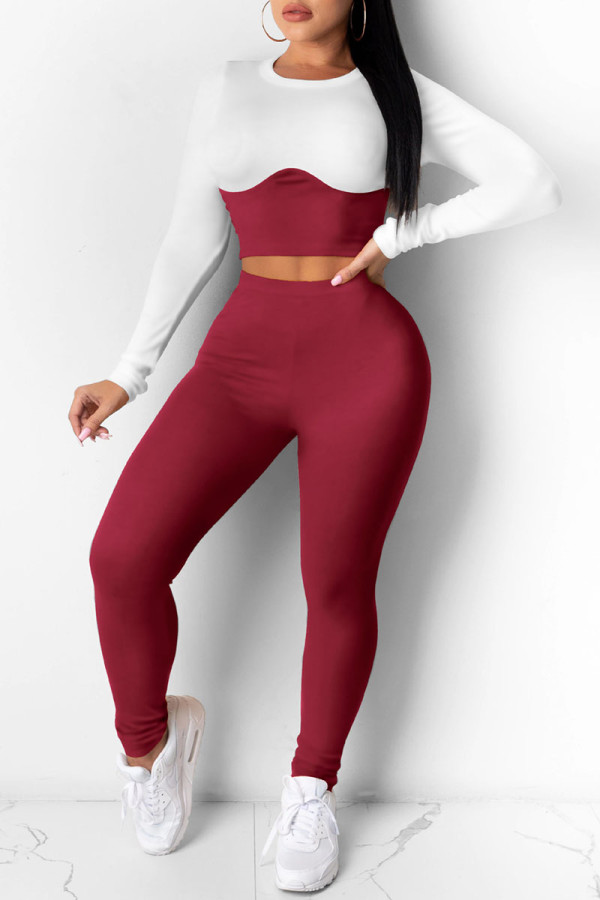 Burgundy Fashion Casual Solid Patchwork O Neck Long Sleeve Two Pieces