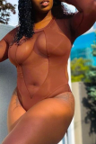 Brown Sexy Solid Mesh O Neck Skinny Bodysuits