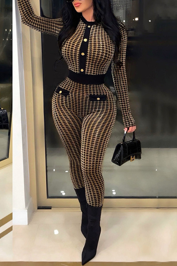 Yellow Casual Plaid Print Patchwork Buckle O Neck Regular Jumpsuits