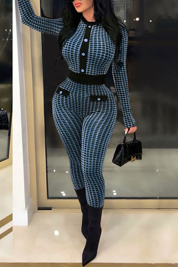 Blue Casual Plaid Print Patchwork Buckle O Neck Regular Jumpsuits