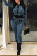 Blue Casual Plaid Print Patchwork Buckle O Neck Regular Jumpsuits