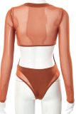 Brown Sexy Solid Mesh O Neck Skinny Bodysuits