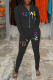 Black Casual Print Patchwork Zipper Collar Long Sleeve Two Pieces