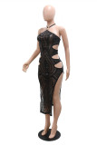 Black Fashion Sexy Patchwork Sequins See-through Backless Halter Sleeveless Dress Dresses