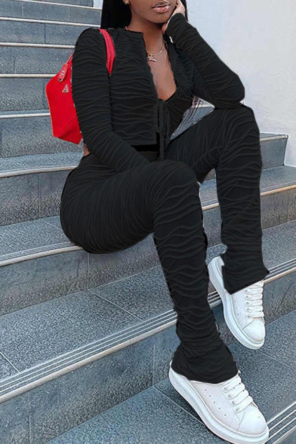 Black Fashion Casual Solid Bandage V Neck Long Sleeve Two Pieces