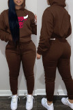 Pink Fashion Casual Print Basic Hooded Collar Long Sleeve Two Pieces