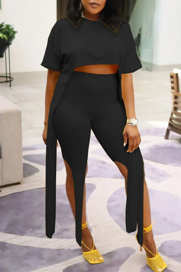 Black Casual Solid Patchwork Asymmetrical O Neck Half Sleeve Two Pieces