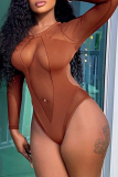 Brown Sexy Solid Mesh O Neck Skinny Bodysuits