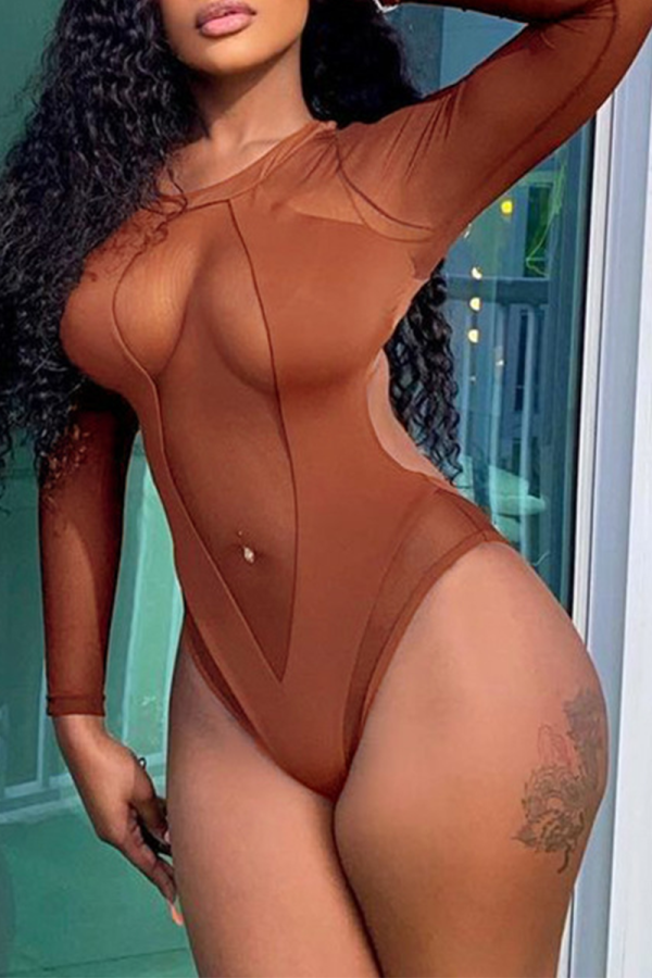 Brown Sexy Solid Mesh O Neck Skinny Bodysuits