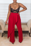 Red Casual Solid Flounce Loose Mid Waist Speaker Solid Color Bottoms