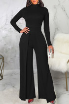Black Casual Solid Patchwork Half A Turtleneck Straight Jumpsuits