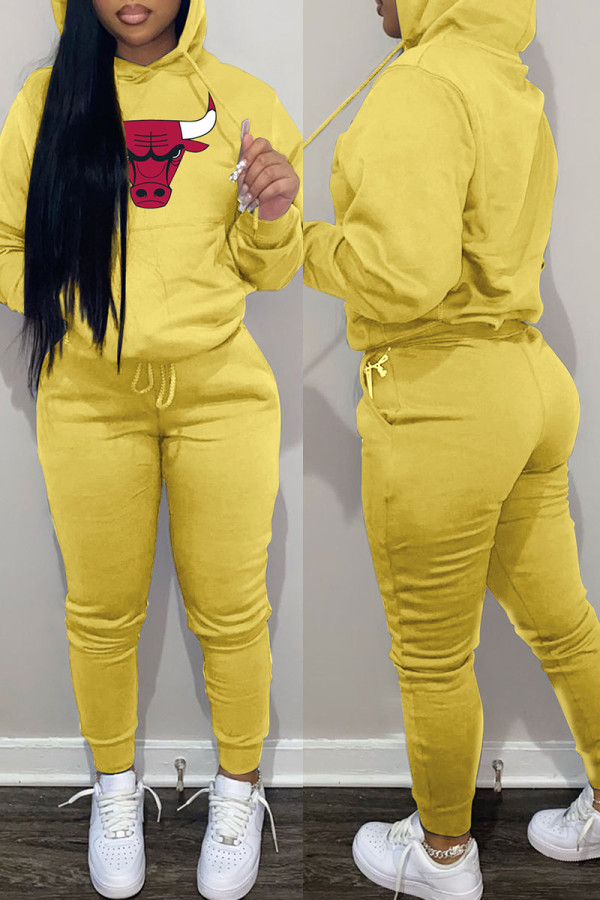 Yellow Fashion Casual Print Basic Hooded Collar Long Sleeve Two Pieces