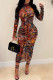 Multicolor Sexy Print Patchwork O Neck One Step Skirt Dresses