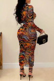 Multicolor Sexy Print Patchwork O Neck One Step Skirt Dresses